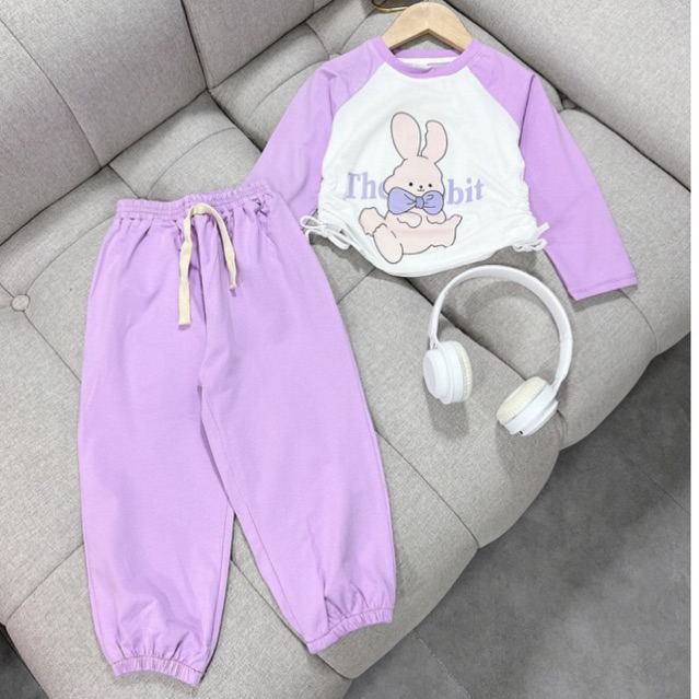 Bộ quần áo thu cotton dài tay in hình gấu thỏ cho bé gái size nhỡ
