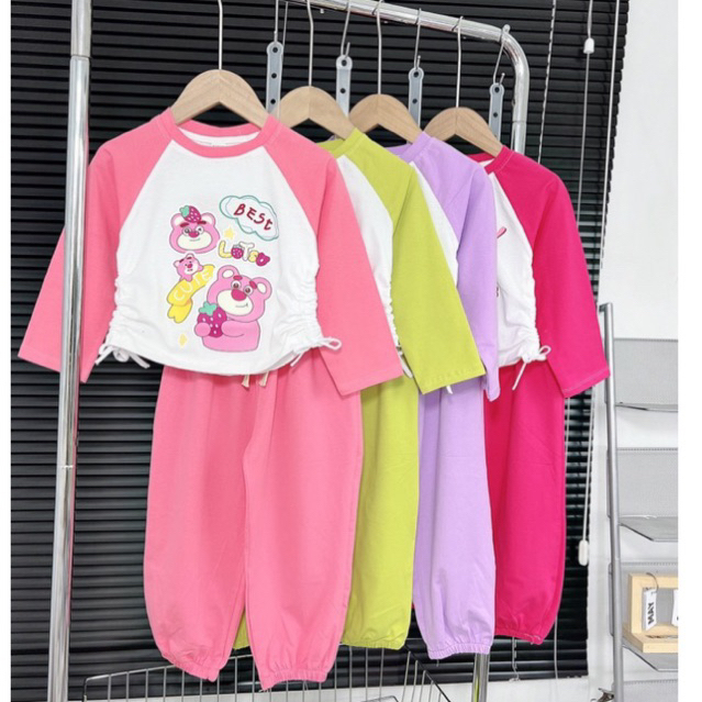Bộ quần áo thu cotton dài tay in hình gấu thỏ cho bé gái size nhỡ