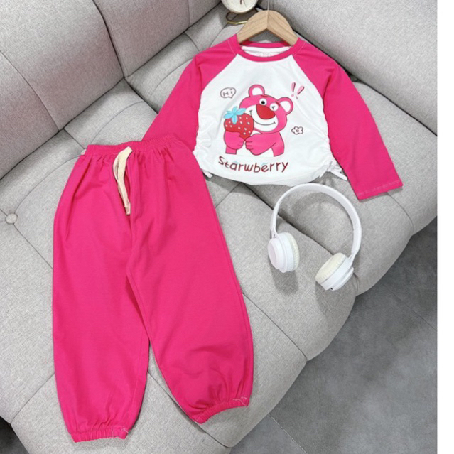 Bộ quần áo thu cotton dài tay in hình gấu thỏ cho bé gái size nhỡ