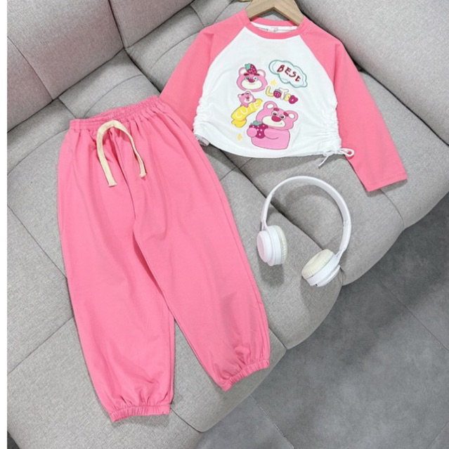 Bộ quần áo thu cotton dài tay in hình gấu thỏ cho bé gái size nhỡ