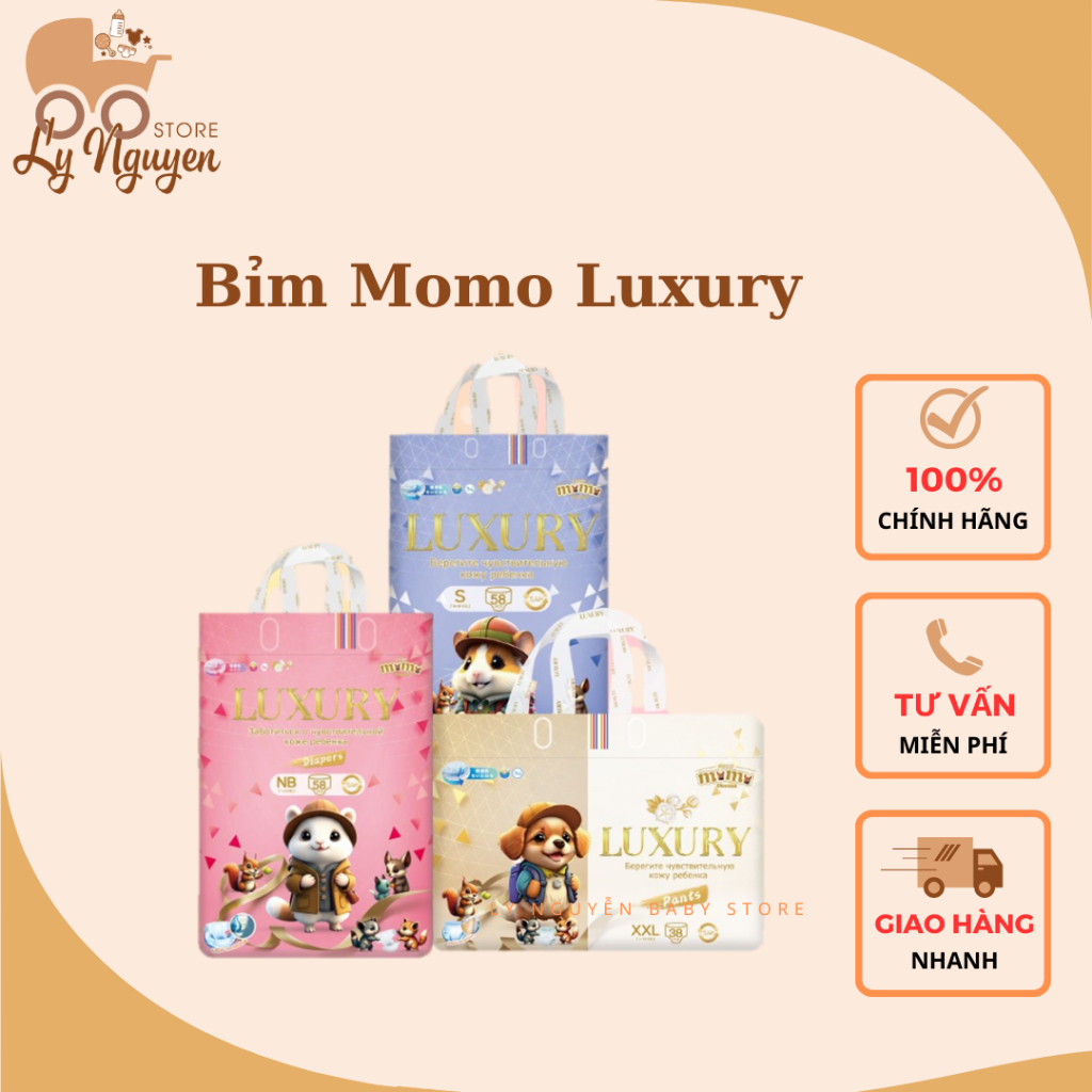 (có quà tặng) Bỉm dán/quần MOMO DIAMOND LUXURY hữu cơ cao cấp NB58/S58/M52/L42/XL40/XXL38/XXXL36