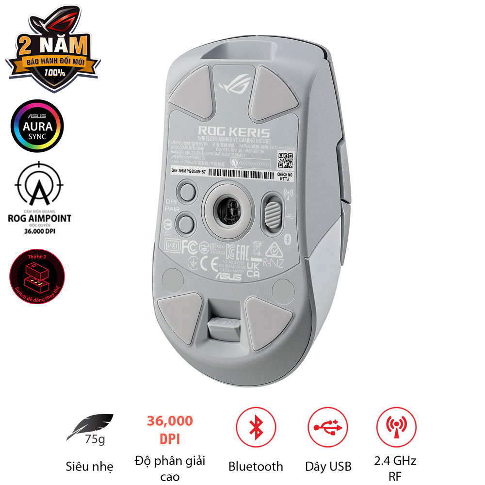 Chuột game FPS không dây ROG KERIS Wireless AIMPOINT màu trắng, cảm biến ROG Aimpoint, 36000 DPI, switch dễ thay thế