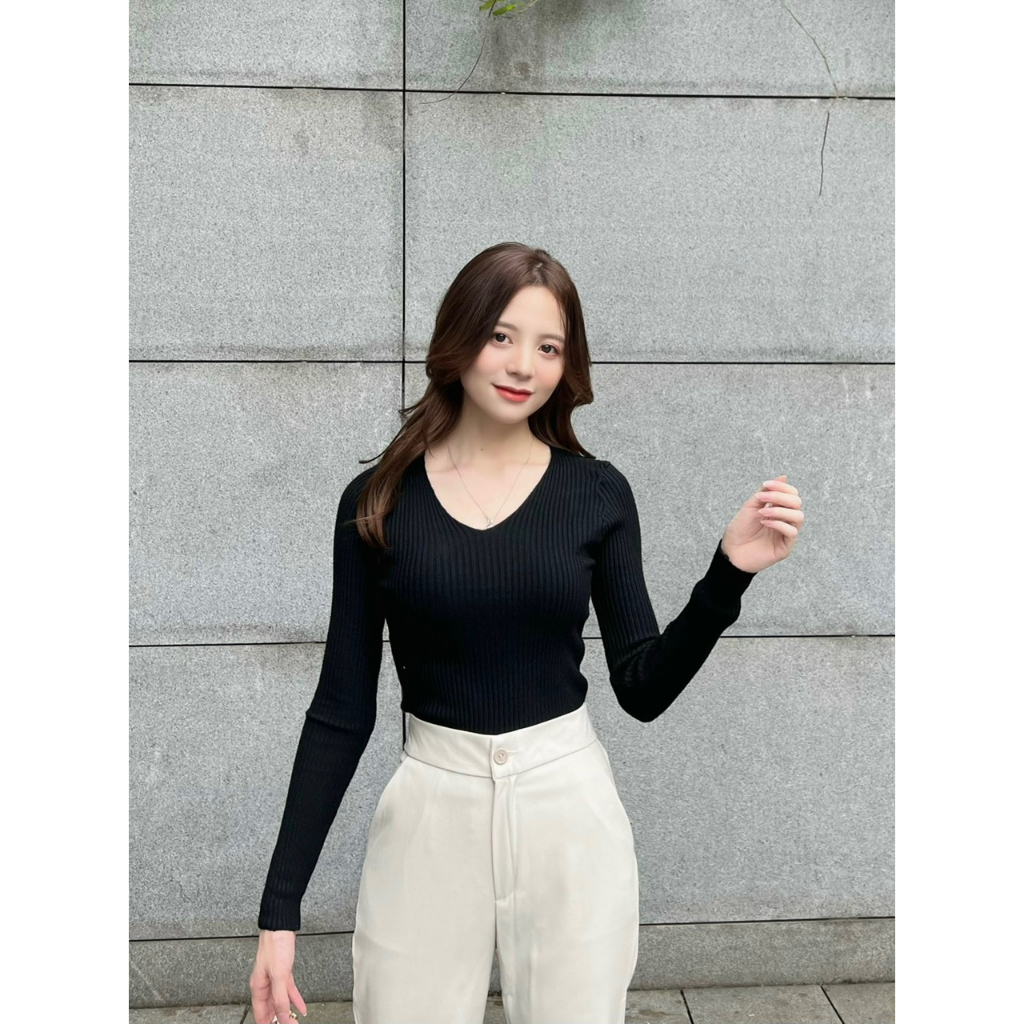 Áo len tăm quảng châu cổ tim dài tay hàng co giãn đẹp 857 P6K12