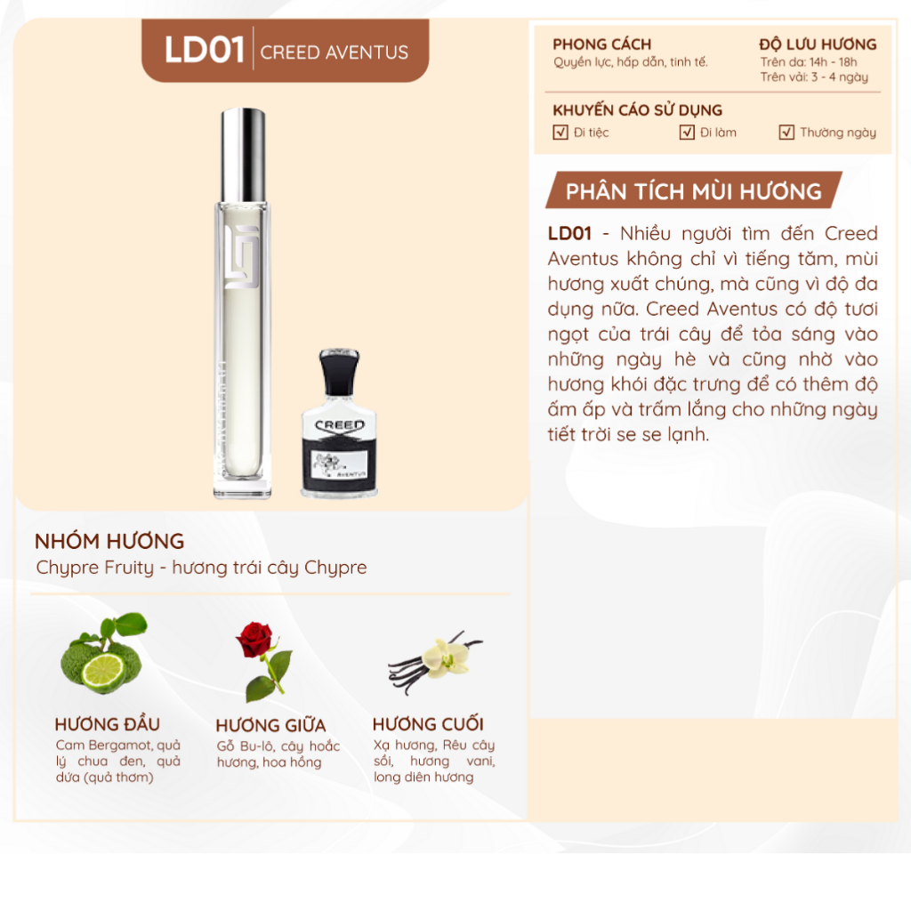 Nước Hoa Nam LD Perfume Oil Hương Creed Aventus ,Tinh Dầu Thơm Chai Mini 12ml LD01