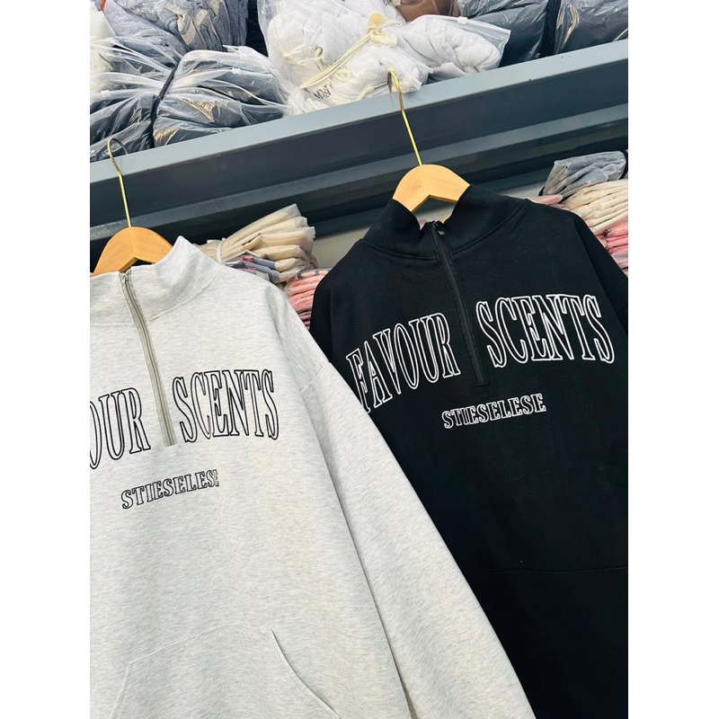 HÌNH THẬT Áo sweater FAVOUR SCENTS chất gân cổ khoá kéo tay phồng có túi siêu xinh