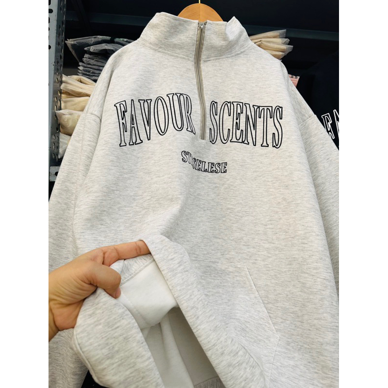 HÌNH THẬT Áo sweater FAVOUR SCENTS chất gân cổ khoá kéo tay phồng có túi siêu xinh