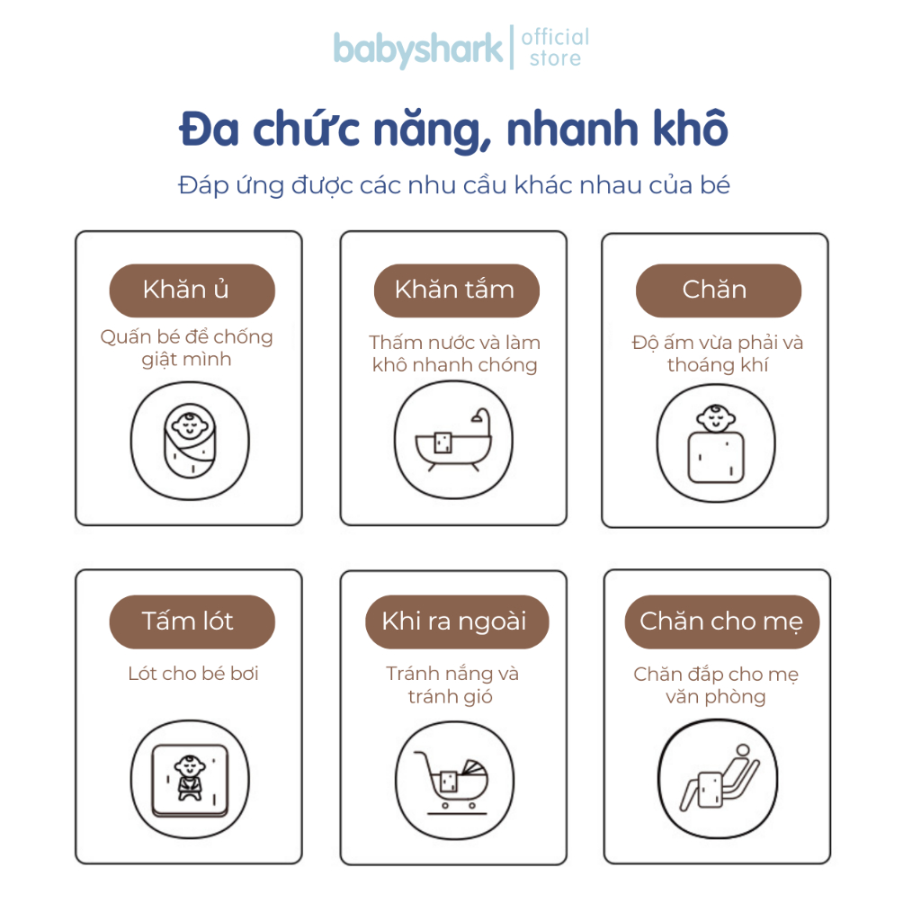 Khăn quấn cho bé sơ sinh Babyshark 3 lớp chần bông phong cách Hàn Quốc mềm mại, giúp bé ngủ ngon thu đông 85x85cm