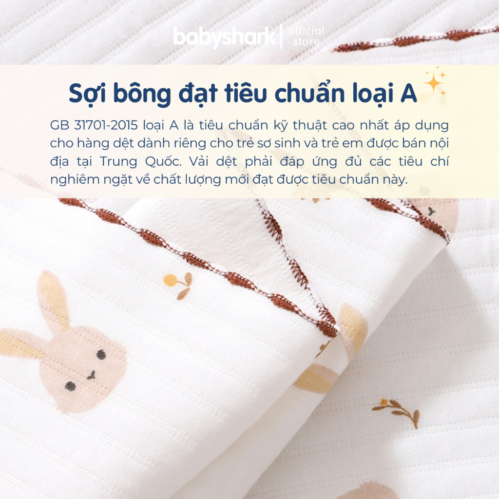 Khăn quấn cho bé sơ sinh Babyshark 3 lớp chần bông phong cách Hàn Quốc mềm mại, giúp bé ngủ ngon thu đông 85x85cm