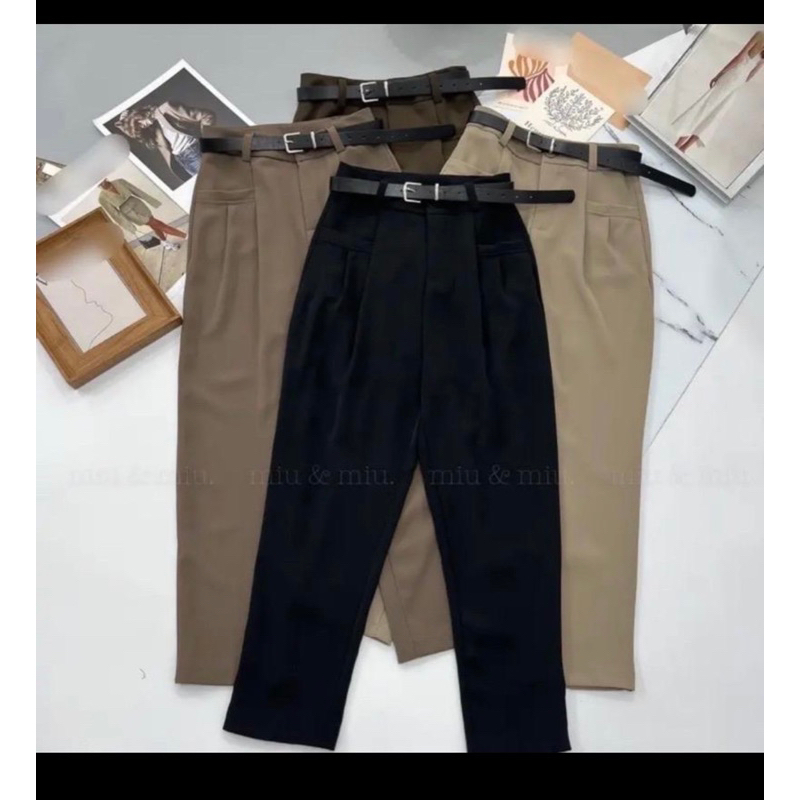 019-Quần baggy công sở kèm đai da hai túi ngang lưng cao