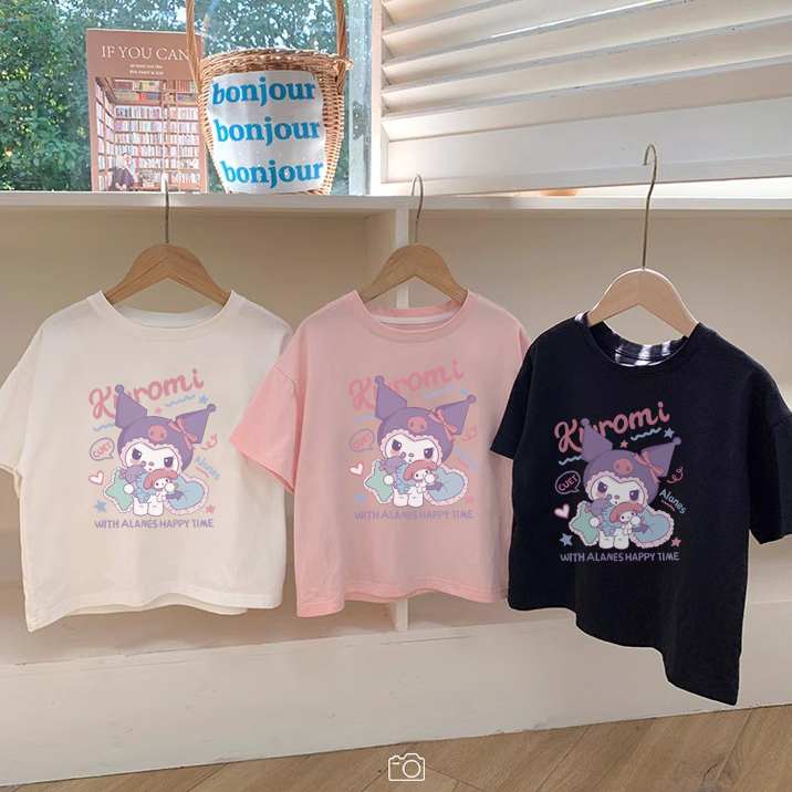Áo thun cho bé gái UTO áo ngắn tay chất cotton mềm mịn thoáng mát in hoạt hình Kuromi mẫu mới 2-12 tuổi T0026