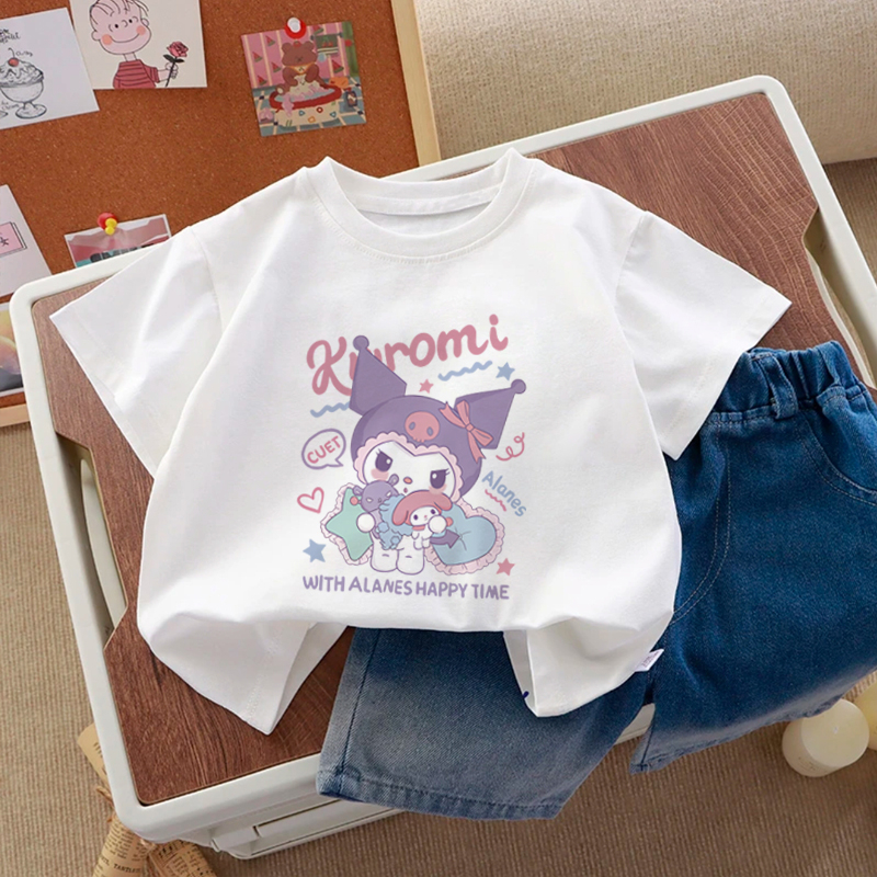 Áo thun cho bé gái UTO áo ngắn tay chất cotton mềm mịn thoáng mát in hoạt hình Kuromi mẫu mới 2-12 tuổi T0026