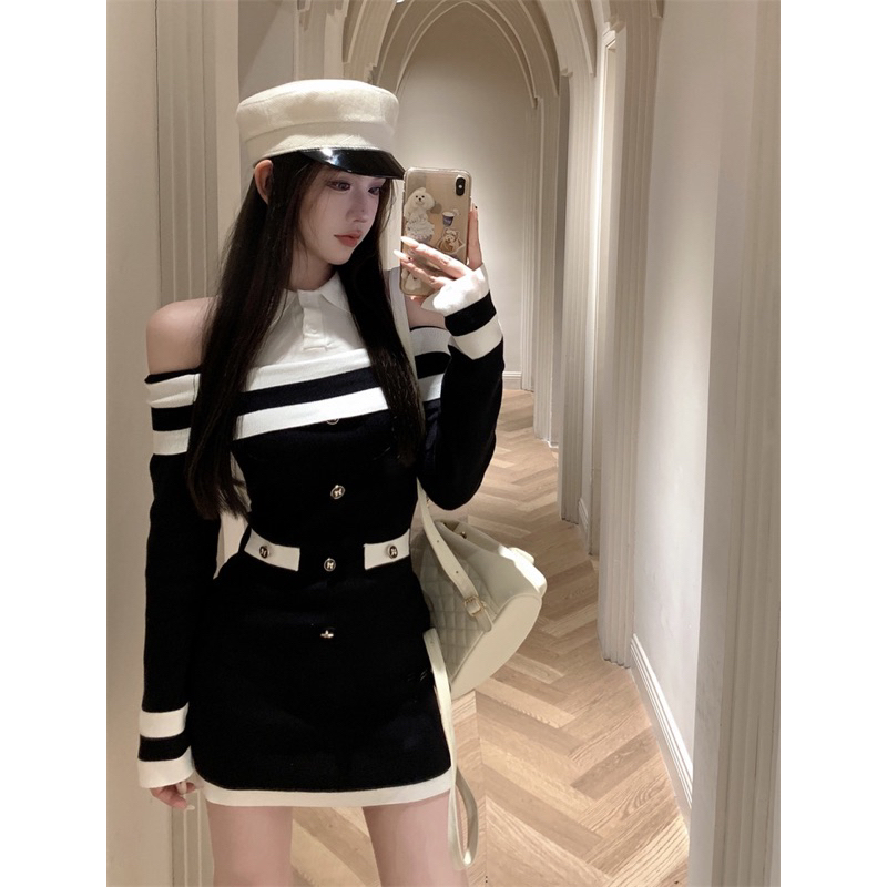 Váy len trễ vai ôm body phối cổ sơ mi
