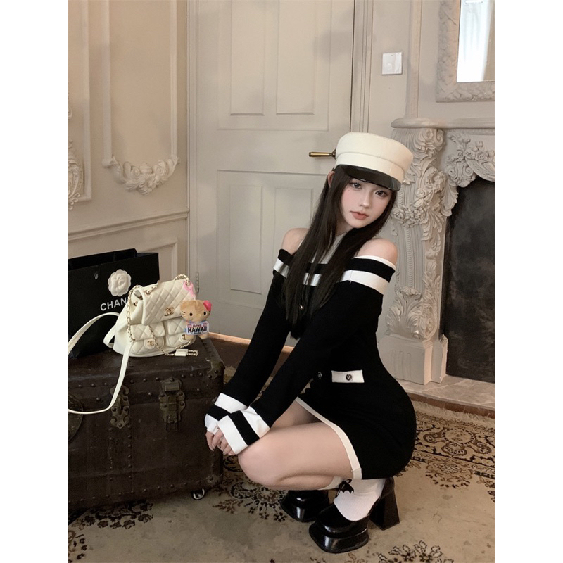 Váy len trễ vai ôm body phối cổ sơ mi