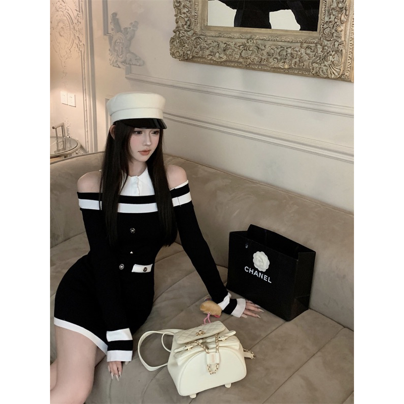 Váy len trễ vai ôm body phối cổ sơ mi