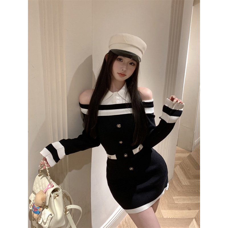 Váy len trễ vai ôm body phối cổ sơ mi