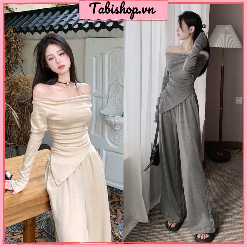 Set đồ bộ nữ áo bẹt vai tay dài mix quần dài ống rộng TABISHOP Set đồ nữ ôm eo tôn dáng basic phong cách Hàn Quốc