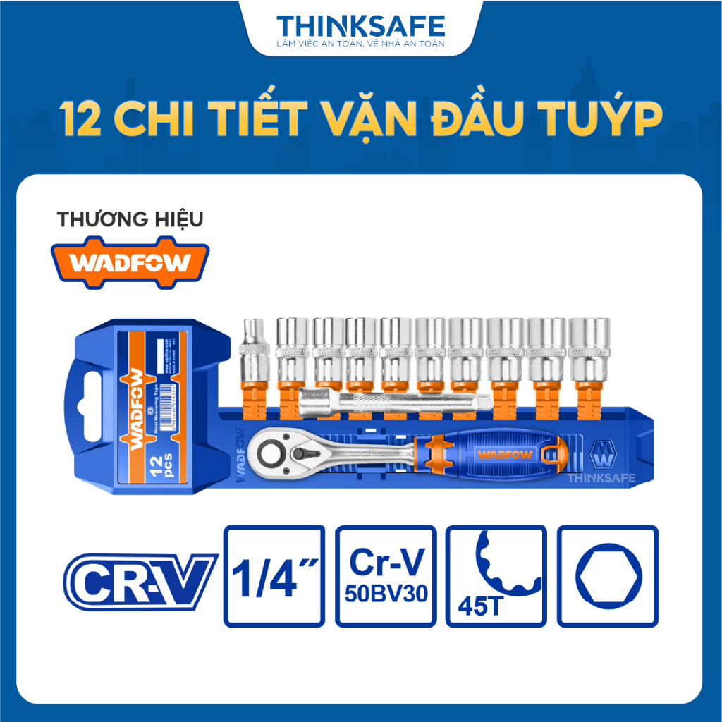 Bộ 12 chi tiết tay vặn đầu tuýp 1/4 inch Wadfow WST4212 chất liệu thép CrV chất lượng cao 50BV30 mạ crom - Thinksafe