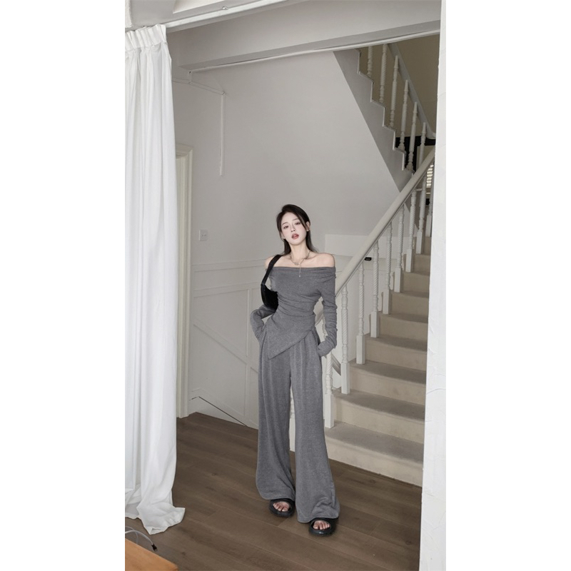 Set đồ bộ nữ áo bẹt vai tay dài mix quần dài ống rộng TABISHOP Set đồ nữ ôm eo tôn dáng basic phong cách Hàn Quốc