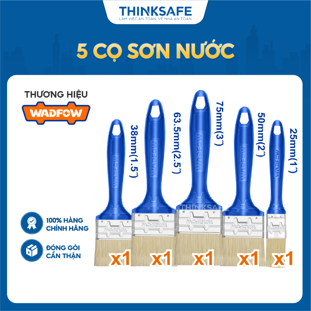 Bộ 5 cọ sơn nước WADFOW WPB4952 kích thước 1 đến 3 inch tay cầm nhựa cọ sơn tường nhà sơn bàn ghế đa năng sợi tổng hợp