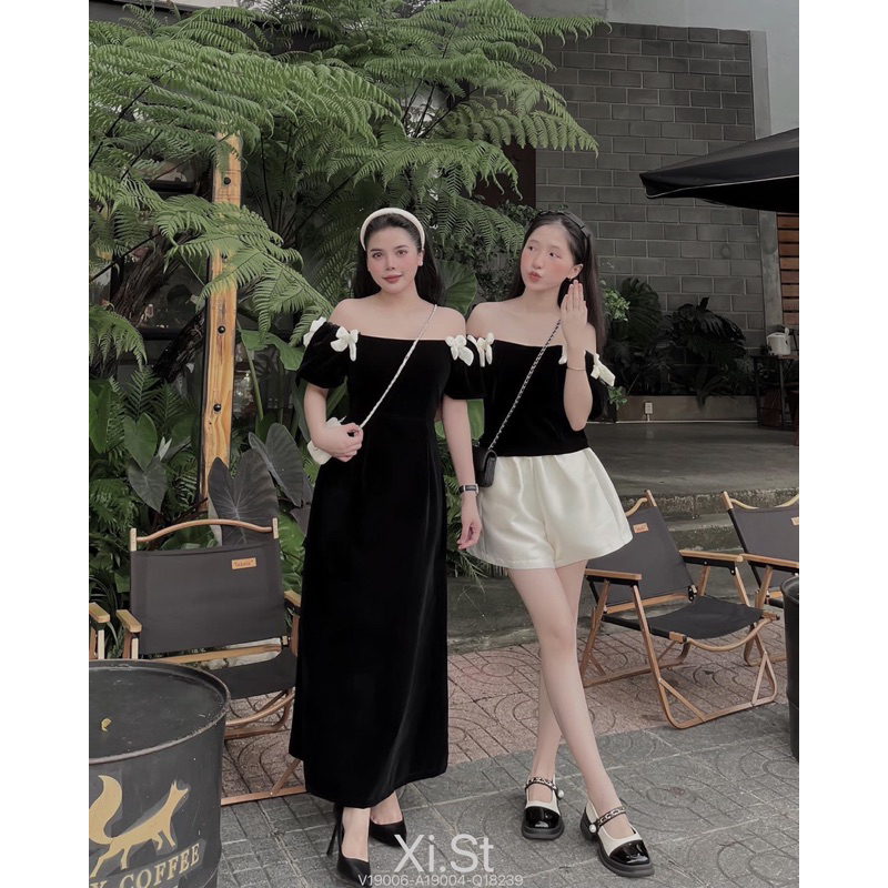 ÁO NHUNG BẸT VAI ĐÍNH NƠ KEM