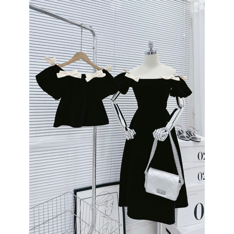 ÁO NHUNG BẸT VAI ĐÍNH NƠ KEM