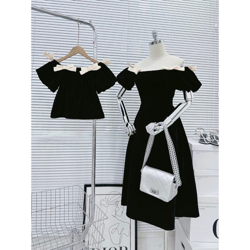 ÁO NHUNG BẸT VAI ĐÍNH NƠ KEM