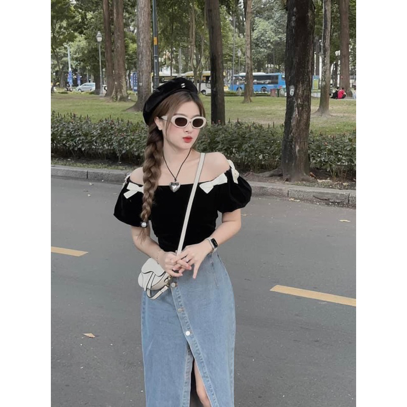 ÁO NHUNG BẸT VAI ĐÍNH NƠ KEM