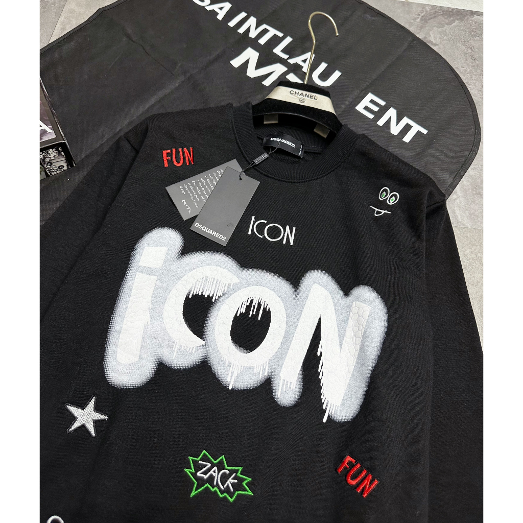 Áo nỉ nam DSQ hình in chữ sơn ICON siêu đẹp-Áo dài tay nam hình thêu sticker lá thu cực chất