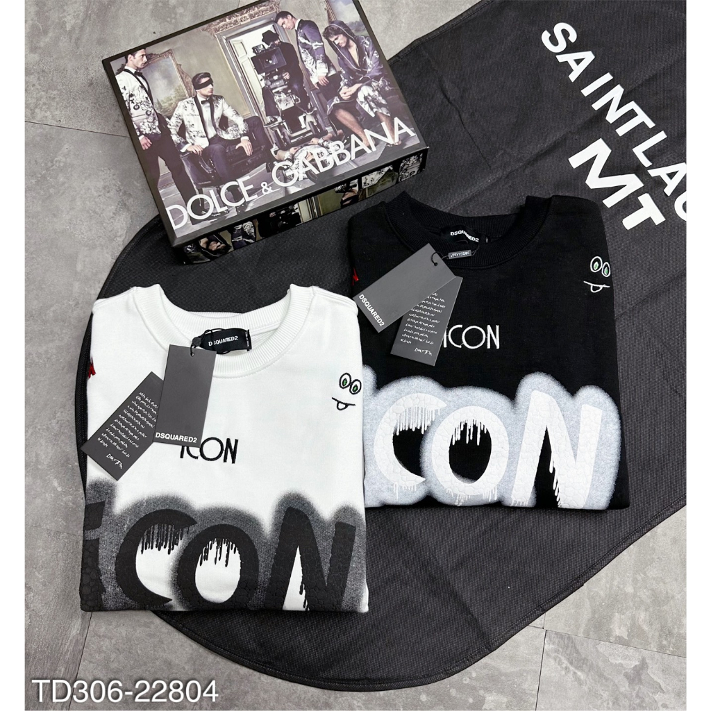 Áo nỉ nam DSQ hình in chữ sơn ICON siêu đẹp-Áo dài tay nam hình thêu sticker lá thu cực chất