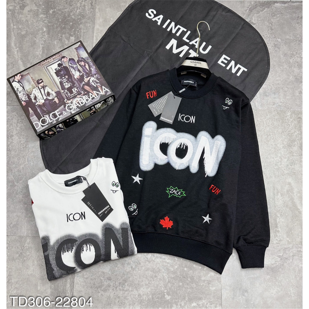 Áo nỉ nam DSQ hình in chữ sơn ICON siêu đẹp-Áo dài tay nam hình thêu sticker lá thu cực chất