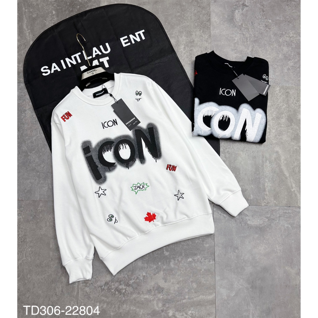 Áo nỉ nam DSQ hình in chữ sơn ICON siêu đẹp-Áo dài tay nam hình thêu sticker lá thu cực chất