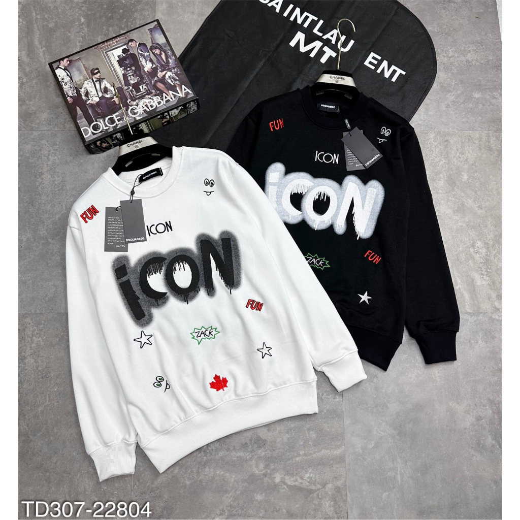 Áo nỉ nam DSQ hình in chữ sơn ICON siêu đẹp-Áo dài tay nam hình thêu sticker lá thu cực chất