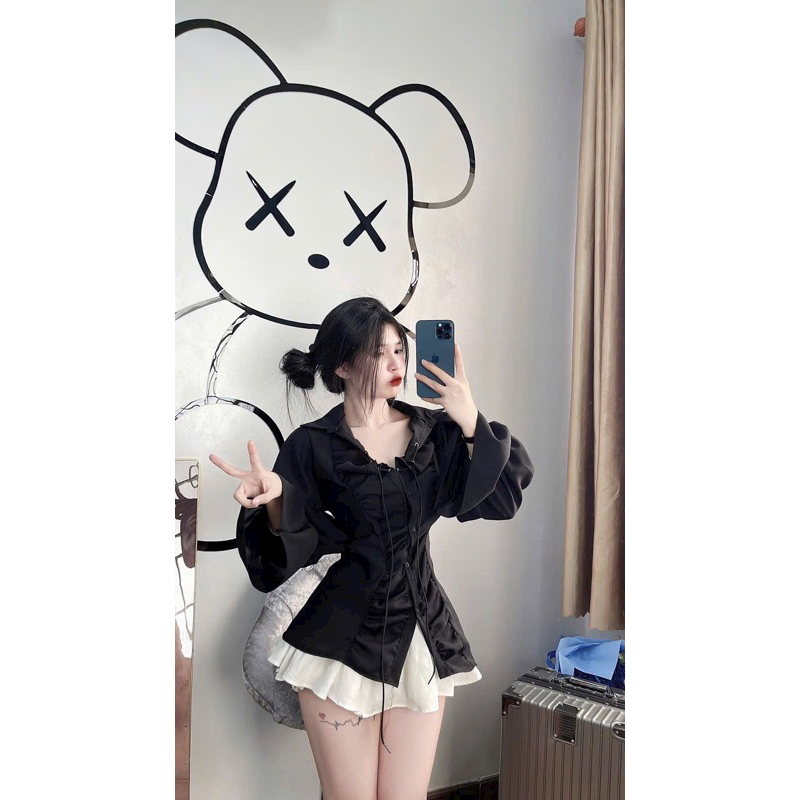 Áo Sơ Mi Voan Mỏng Tay Phồng Dài Bèo Nhún Ngực