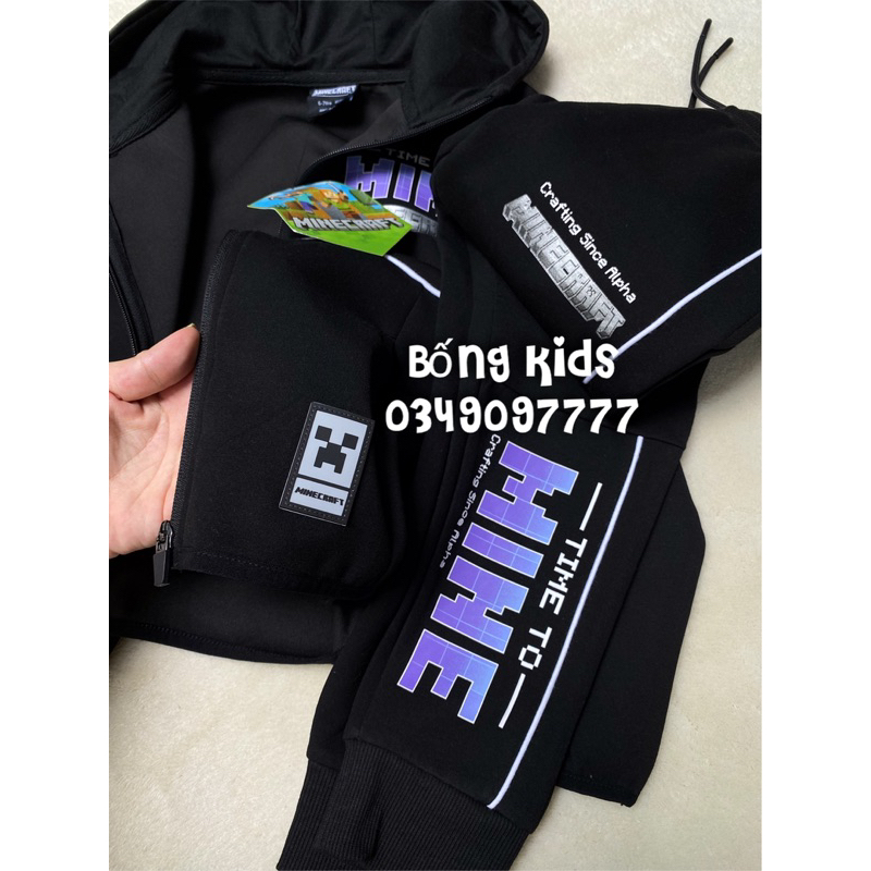 Bộ Nỉ Ép Kéo Khoá Bé Trai MINECRAFT Đen PR