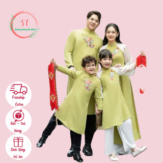 Áo dài cách tân gia đình, áo dài cách tân nam nữ Như Ý màu xanh cốm chất tuyết mưa mềm cao cấp - Áo dài ST - ST03
