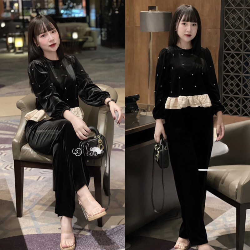 Set Bộ Nhung Dài Tay Đính Đá Pha Bèo Chuẩn Hàng Loại 1