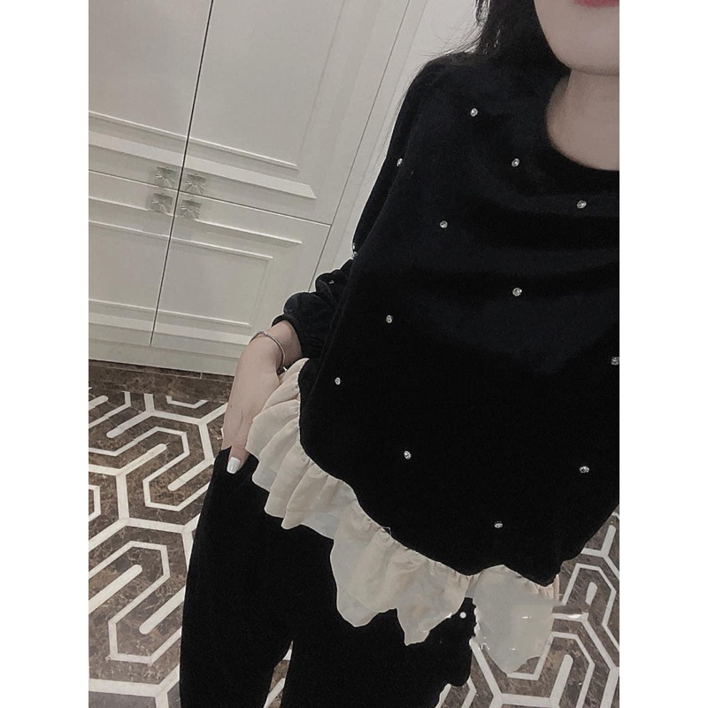 Set Bộ Nhung Dài Tay Đính Đá Pha Bèo Chuẩn Hàng Loại 1