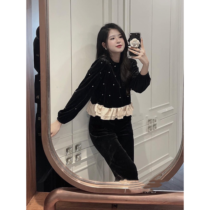 Set Bộ Nhung Dài Tay Đính Đá Pha Bèo Chuẩn Hàng Loại 1