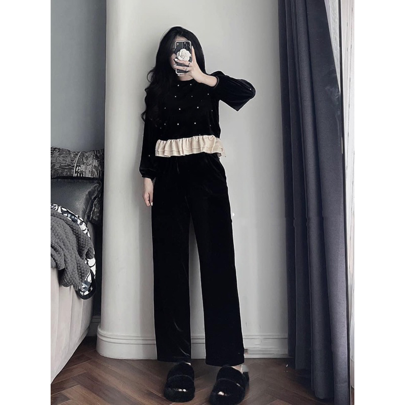 Set Bộ Nhung Dài Tay Đính Đá Pha Bèo Chuẩn Hàng Loại 1