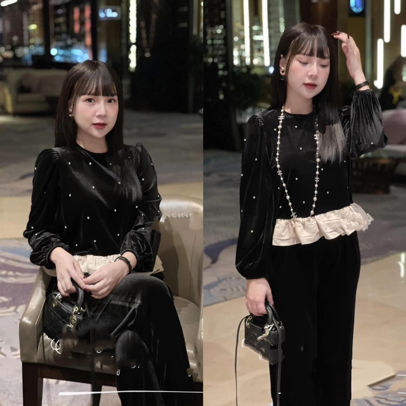 Set Bộ Nhung Dài Tay Đính Đá Pha Bèo Chuẩn Hàng Loại 1