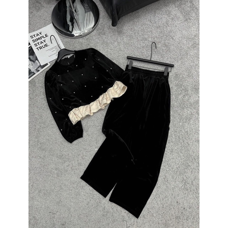 Set Bộ Nhung Dài Tay Đính Đá Pha Bèo Chuẩn Hàng Loại 1