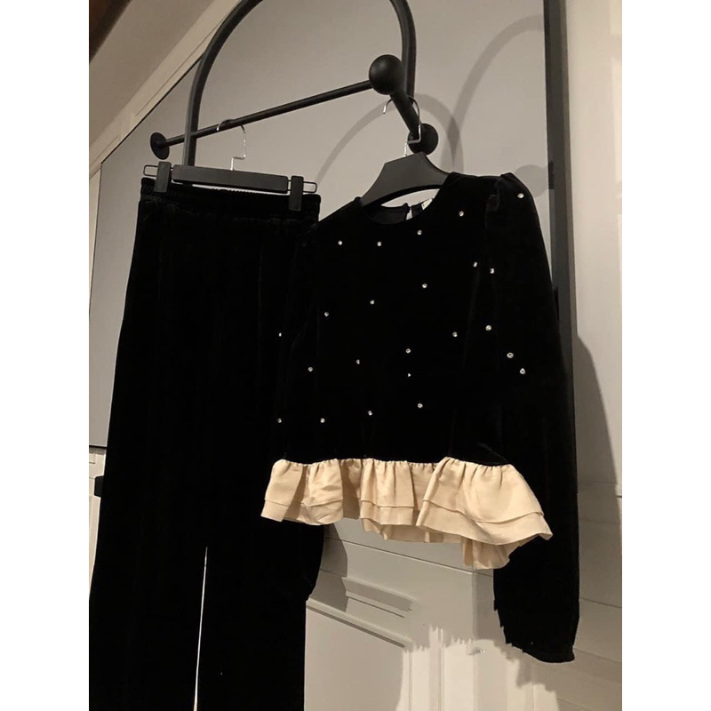 Set Bộ Nhung Dài Tay Đính Đá Pha Bèo Chuẩn Hàng Loại 1