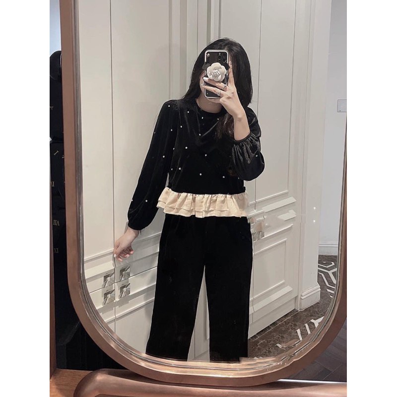 Set Bộ Nhung Dài Tay Đính Đá Pha Bèo Chuẩn Hàng Loại 1