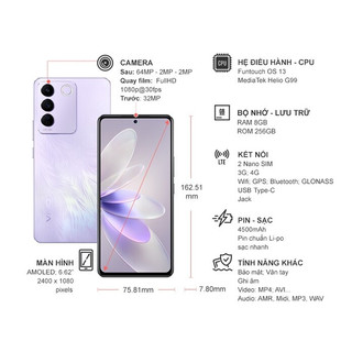 Điện thoại vivo v27e 8gb/256gb tím 9.999