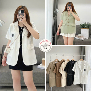 Áo Blazer nữ tay ngắn dáng rộng 1 lớp, áo khoác Blazer nữ ngắn tay cộc form rộng 2 cúc túi nắp màu xanh Hàn Quốc