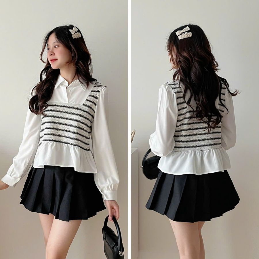 Áo sơ mi kiểu nữ dáng ngắn croptop phối gile dạ kẻ đen, Áo sơ mi cổ đức phối gile dạ kẻ tweed tiểu thư xinh xắn