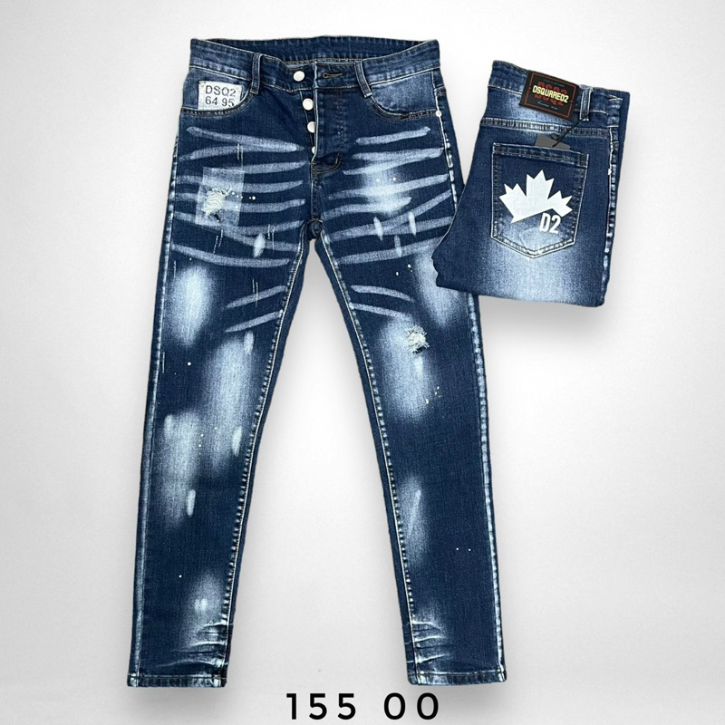Quần Jean Nam DSQ Form Slimfit Quần Bò Nam Xanh Họa Tiết Mài Nhẹ Hai Mặt In logo Lá Phong Túi Sau 2023