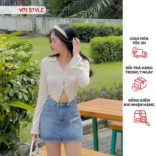 Áo thun nữ VMSTYLE tay dài loe cổ bẻ vạt kiểu xẻ giữa form ôm tiểu thư đi học, đi chơi 37215 - ATU00597