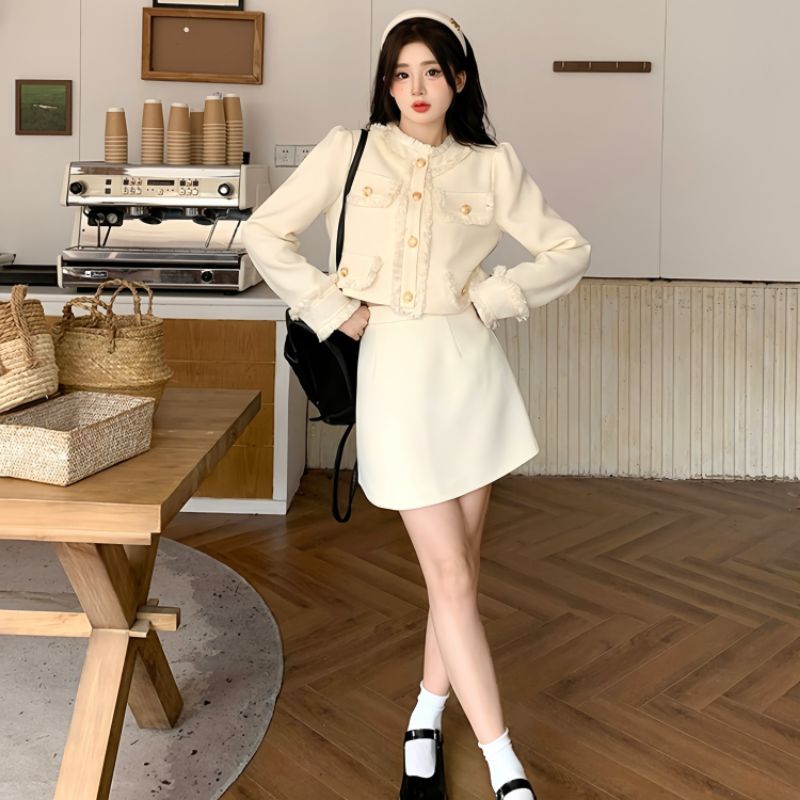 Set Bộ Áo Dạ Dài Tay Croptop Mix Chân Váy Ngắn Chữ A Thanh Lịch Tesoro Clothes