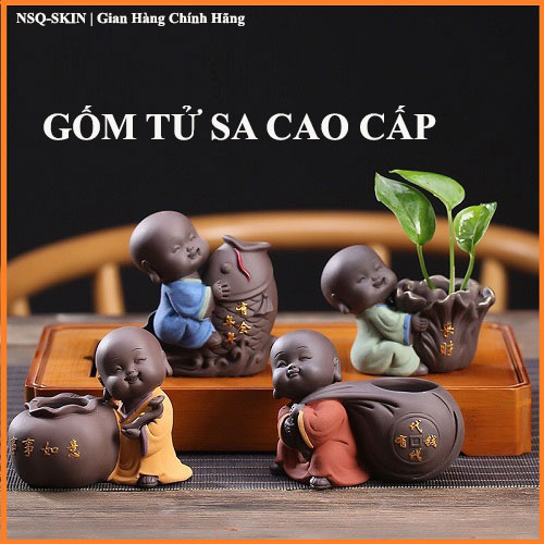 TƯỢNG CHÚ TIỂU TRỒNG CÂY GỐM TỬ SA CAO CẤP - Tượng Chú Tiểu Mini - Chú Tiểu Trang Trí Ô Tô Để Bàn , 